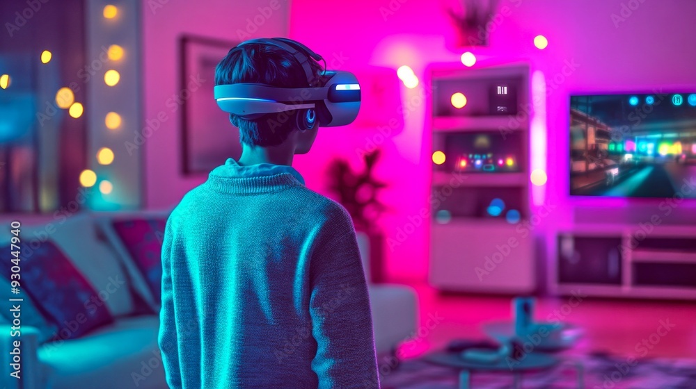 Obraz premium A young person enjoying a virtual reality experience in a vibrant, colorful room. The scene showcases modern technology and comfortable home decor. Immersive and engaging fun awaits. AI