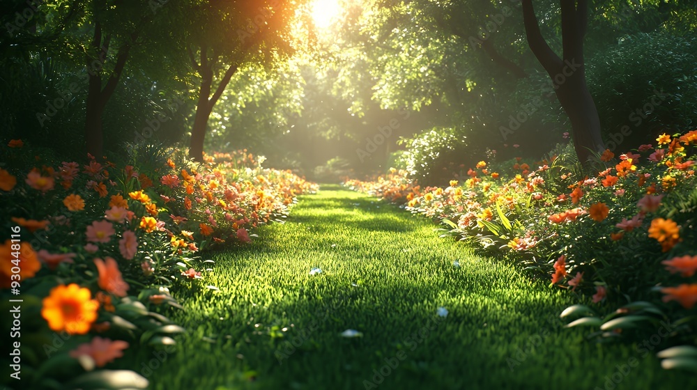 Obraz premium Lush green grass path winding through a vibrant flower garden illuminated by warm afternoon sunlight.