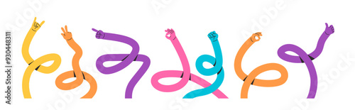 Long twisted hands. Playful cartoon curved arms with hand gestures of rock horns, peace sign, pointing finger, okay, fist and thumbs up gesture doodle vector set.