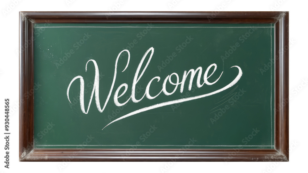Fototapeta premium Welcome sign written in chalk on a chalkboard, for the first day of school, for first graders, beginning of the school year, PNG, transparent background, isolated