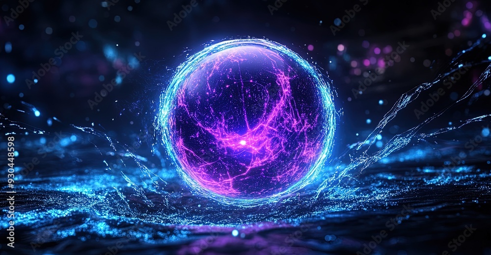 Obraz premium Abstract futuristic glowing neon purple-blue sphere with particles and energy, dark background.