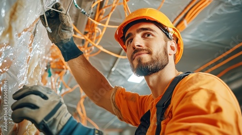 Workers installing exterior insulation, enhancing building thermal layers, improving energy efficiency, collaboration in construction, clear blue skies overhead, busy work site atmosphere