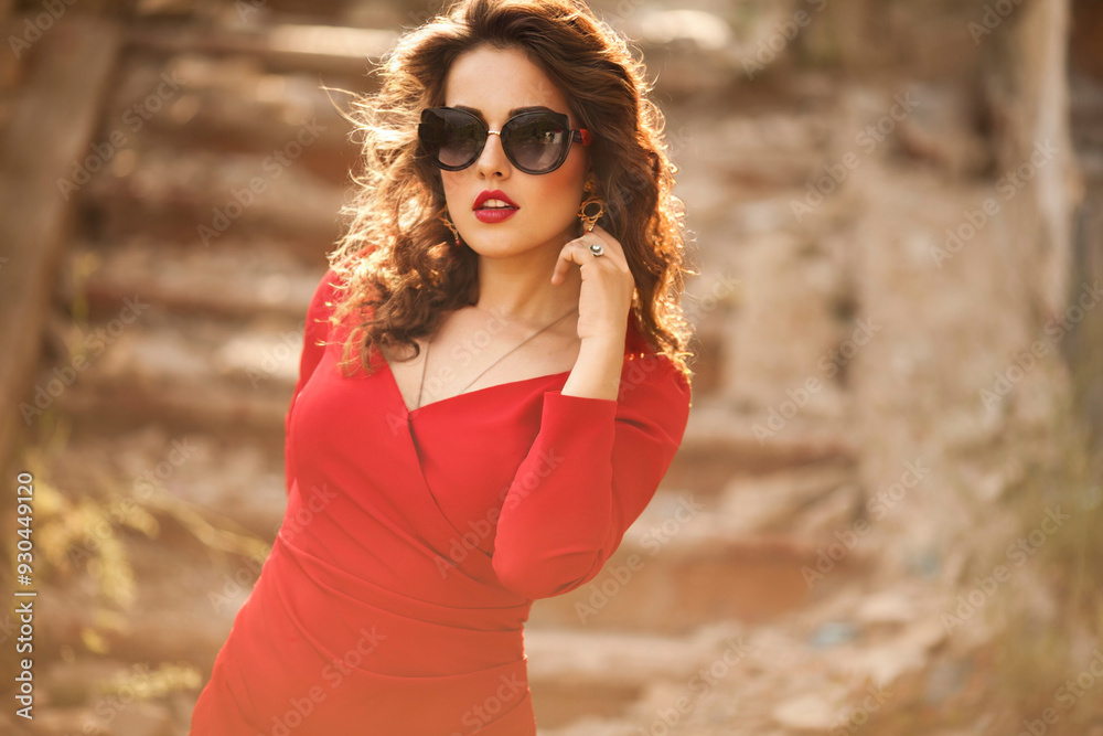 Elegant sexy business woman walk down the stairs on the street summer weather wear skinny red dress Elegant sexy business woman walk down the stairs on the street summer weather wear skinny red dress