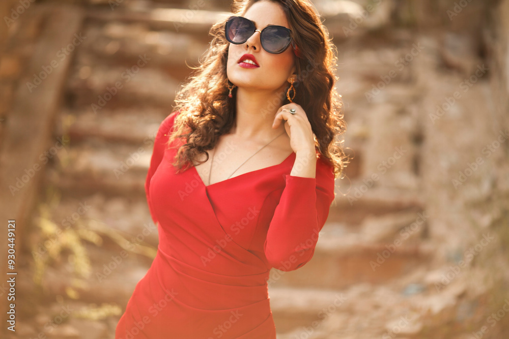 Elegant sexy business woman walk down the stairs on the street summer weather wear skinny red dress Elegant sexy business woman walk down the stairs on the street summer weather wear skinny red dress