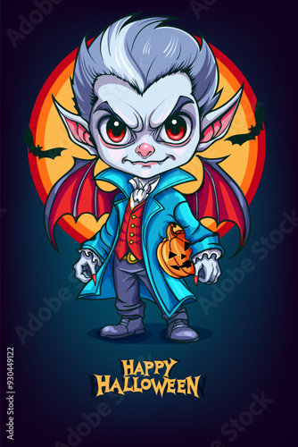 caricature, diminutive, and funny vampire with pumpkin under arm against the backdrop of the bright moon and bats. Happy Halloween