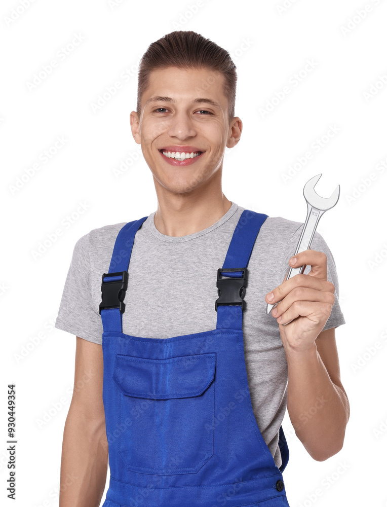 Smiling auto mechanic with wrench on white background Smiling auto mechanic with wrench on white background