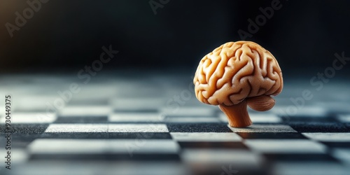 A brain figurine on a chessboard, symbolizing strategy, intelligence, and critical thinking in a creative and artistic manner.