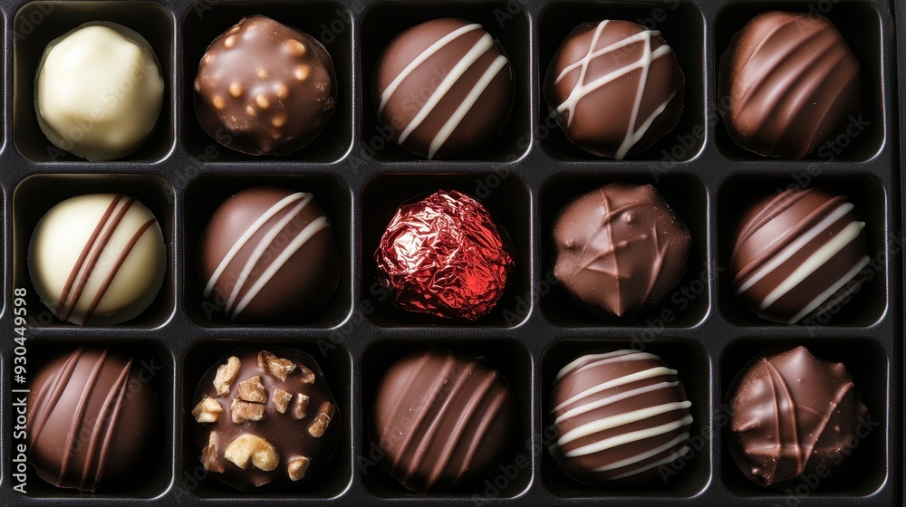 An elegant black box containing a diverse selection of chocolate pralines, each praline differing in design, enticingly presented to tantalize the taste buds with its rich flavors. An elegant black box containing a diverse selection of chocolate pralines, each praline differing in design, enticingly presented to tantalize the taste buds with its rich flavors.
