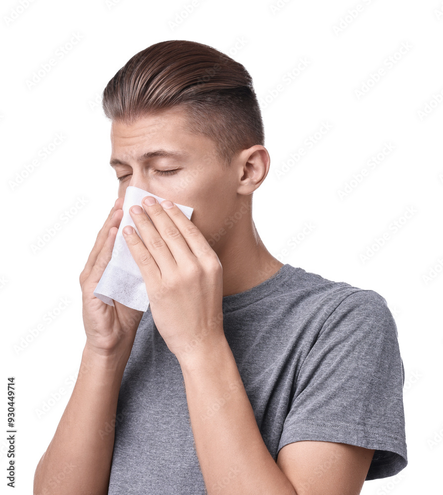 Young man with tissue suffering from sinusitis on white background Young man with tissue suffering from sinusitis on white background