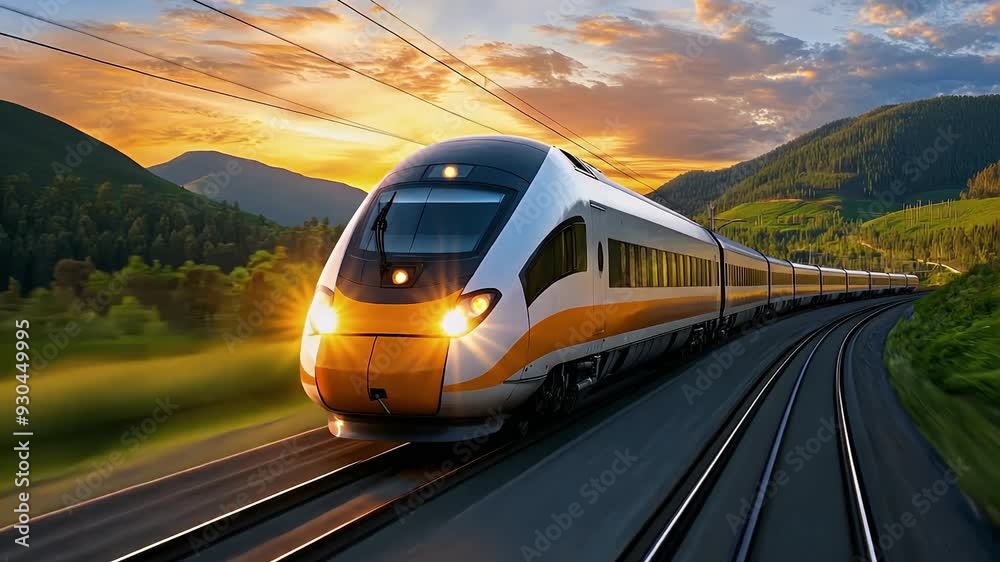 A train is traveling down a track with a beautiful sunset in the background. Video AI.
