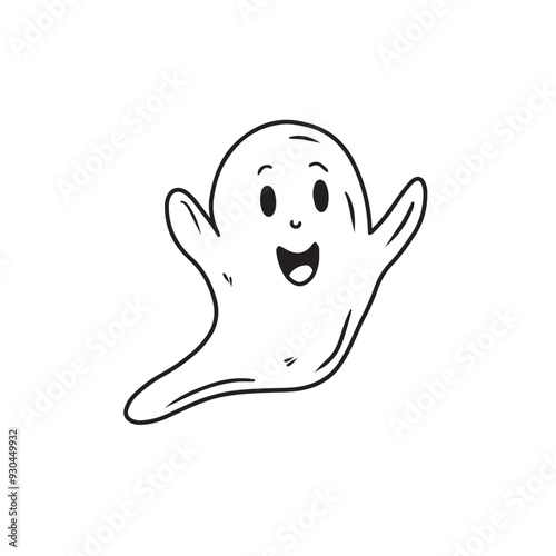 Cute nice smiling ghost spook in black isolated on white background. Hand drawn vector sketch illustration in doodle engraved vintage line art style. Happy Halloween symbol, horror.