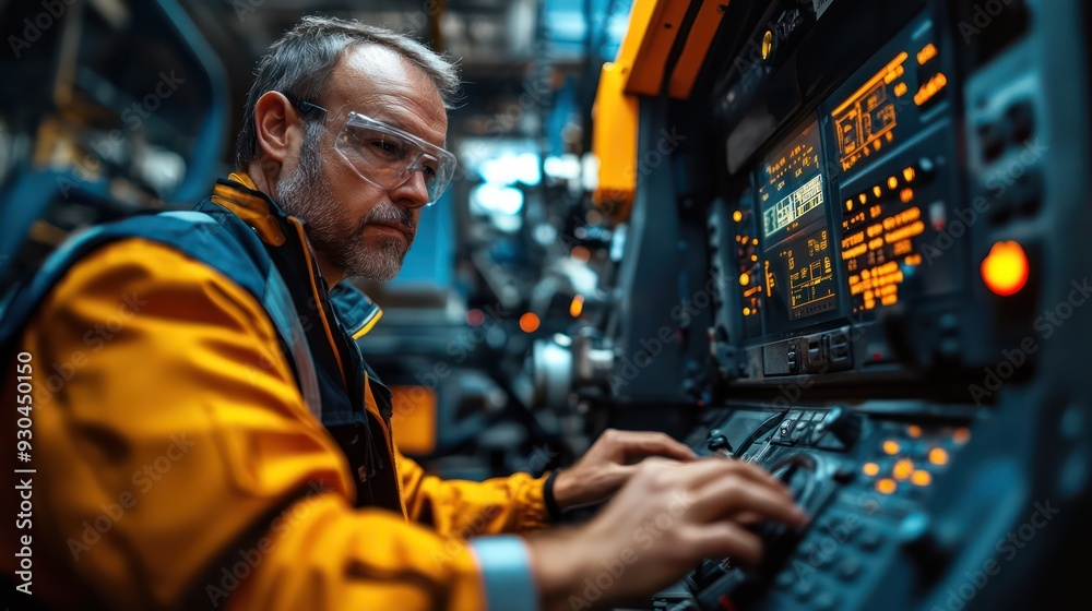 A Worker adjusting settings on a control panel of heavy machinery, focusing on the interface and technology in machinery operation. A Worker adjusting settings on a control panel of heavy machinery, focusing on the interface and technology in machinery operation.