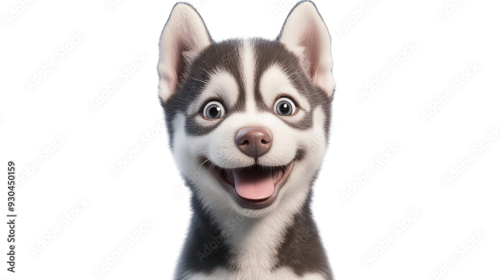 Realistic 3d render of a happy, furry and cute baby Siberian Husky smiling with big eyes looking strainght Realistic 3d render of a happy, furry and cute baby Siberian Husky smiling with big eyes looking strainght