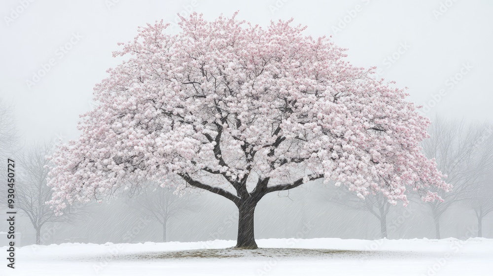 A central cherry blossom tree, covered in snow, with delicate pink buds just visible beneath the frosty layer. A central cherry blossom tree, covered in snow, with delicate pink buds just visible beneath the frosty layer.