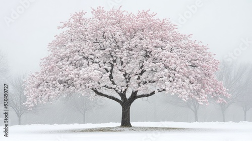 A central cherry blossom tree, covered in snow, with delicate pink buds just visible beneath the frosty layer.