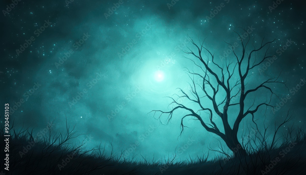 A mystical landscape featuring a dark tree silhouetted against an ethereal blue moonlight, creating an enchanting atmosphere. A mystical landscape featuring a dark tree silhouetted against an ethereal blue moonlight, creating an enchanting atmosphere.