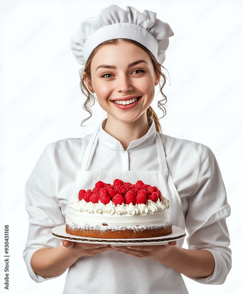 A smiling baker holding a decorated cake with raspberries. A smiling baker holding a decorated cake with raspberries.