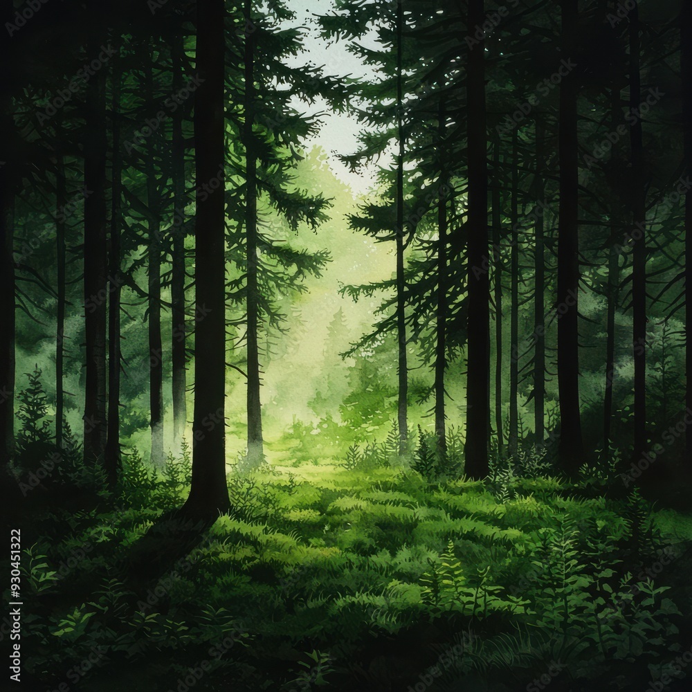 Fototapeta premium A serene forest scene with tall trees, soft light filtering through foliage, and lush undergrowth inviting exploration.