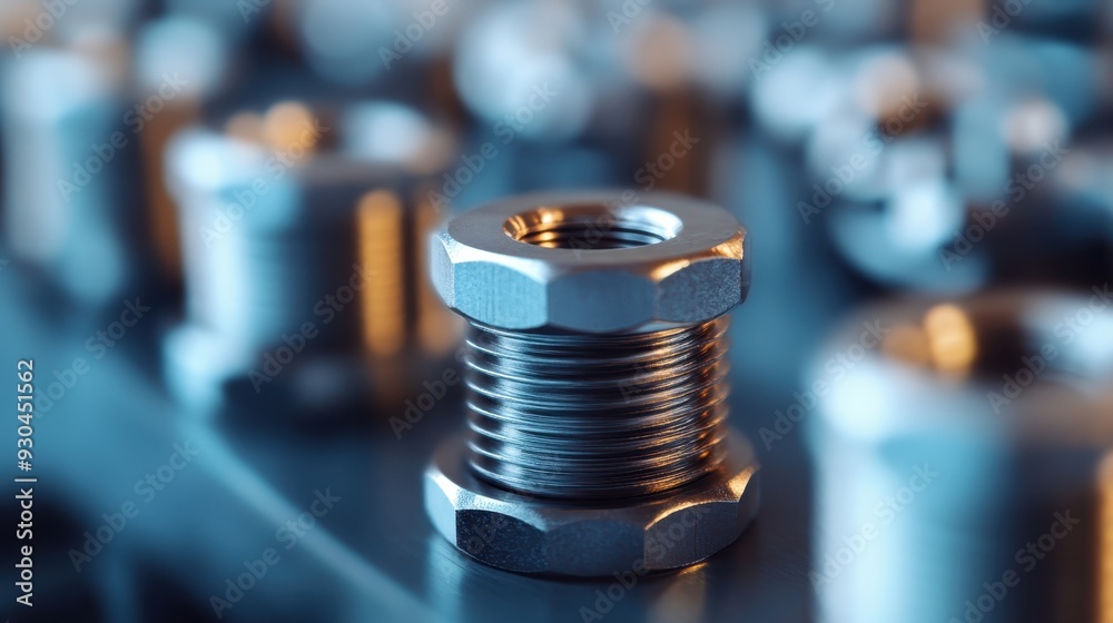 The image shows a detailed closeup of a metallic spring with a threaded bolt, surrounded by other metallic components, highlighting its industrial precision and craftsmanship.