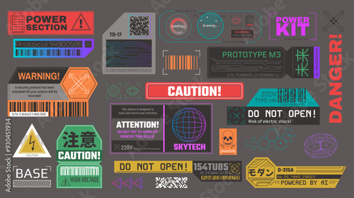 Cyberpunk stickers. High tech futuristic warning and caution labels, safety signs and cyber decals with barcodes. Digital interface elements vector set.
