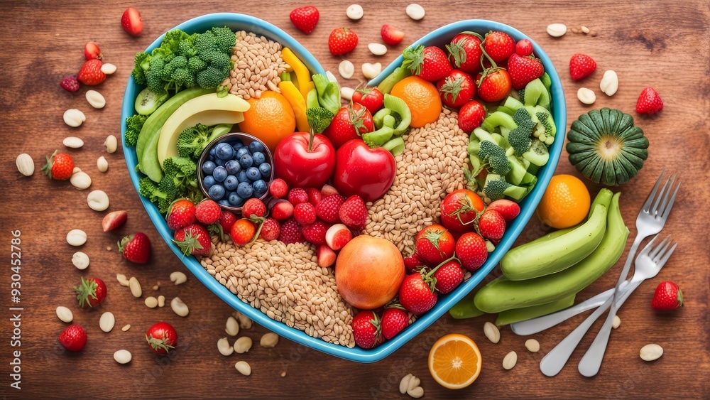 Heart of Healthy Eating: A vibrant heart-shaped platter overflowing with fresh fruits, vegetables, and grains, symbolizing a balanced and nutritious diet. Heart of Healthy Eating: A vibrant heart-shaped platter overflowing with fresh fruits, vegetables, and grains, symbolizing a balanced and nutritious diet.