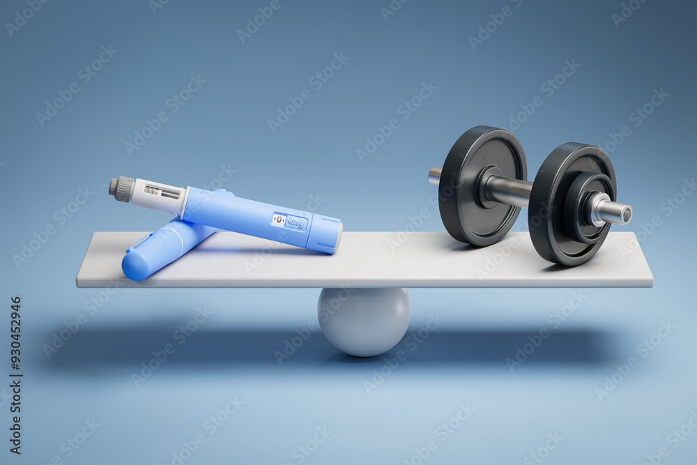 Two dosing pens of a fictitious semaglutide drug (GLP-1) on a scale facing a dumbbell. Concept for alternative ways to loose weight. Two dosing pens of a fictitious semaglutide drug (GLP-1) on a scale facing a dumbbell. Concept for alternative ways to loose weight.