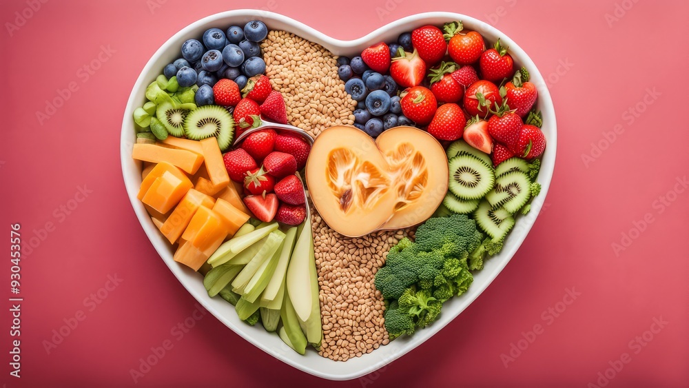 Heart-Shaped Healthy Snack Platter: A vibrant and colorful heart-shaped platter overflowing with fresh fruits, vegetables, and grains. A perfect visual for promoting healthy eating, balanced diets.