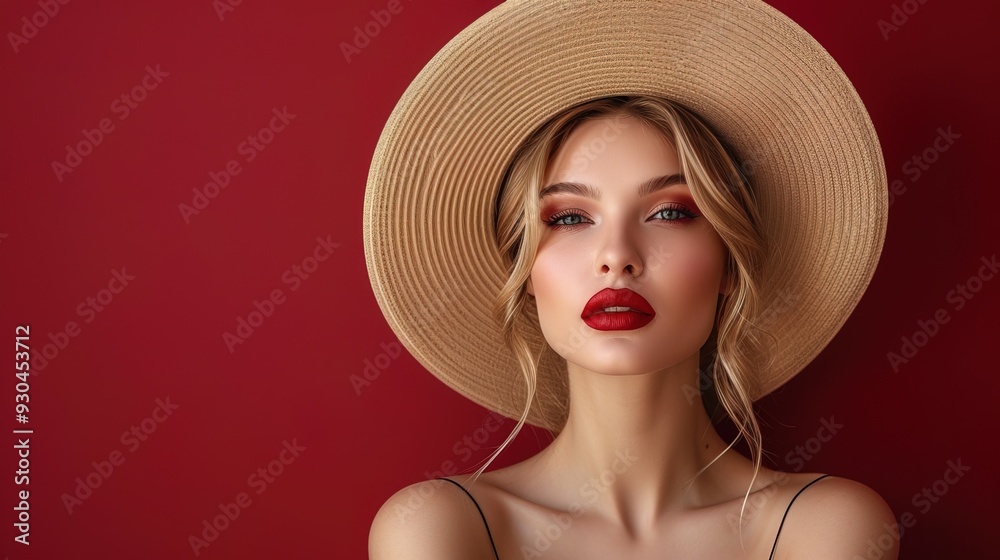 Elegant blonde lady in wide brimmed hat with red lips makeup on red burgundy background Elegant blonde lady in wide brimmed hat with red lips makeup on red burgundy background