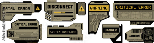 Cyberpunk decal templates. High tech critical and fatal error warning signs, system overload sticker, digital disconnect and danger caution errors window vector set. photo