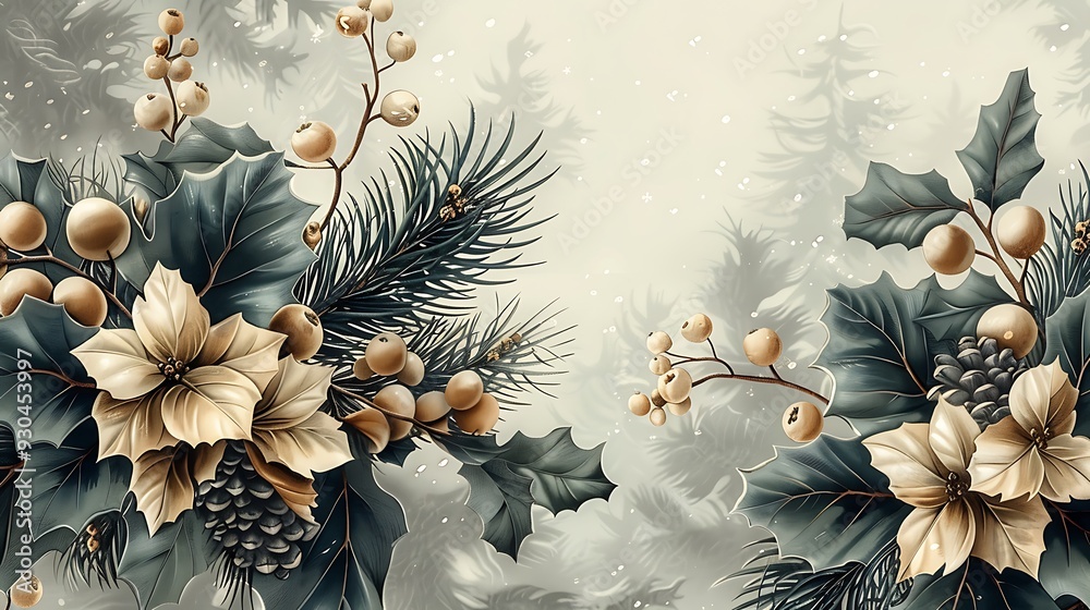 Fototapeta premium Vintage winter botanical seamless wallpaper featuring intricate illustrations of pine branches, holly, and mistletoe, set against a cool, frosty background, hand-drawn style, natural lighting,