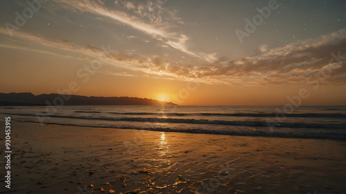 Scenic Tropical Sunset Over a Sandy Beach with Calm Ocean