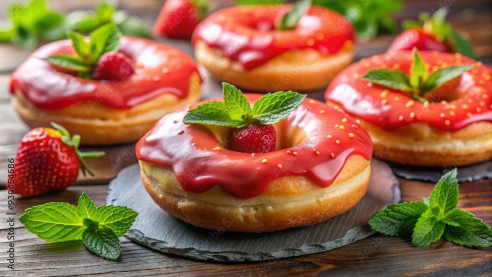 Close up of delicious strawberry glazed donuts with fresh mint on top, perfect dessert for any sweet tooth Close up of delicious strawberry glazed donuts with fresh mint on top, perfect dessert for any sweet tooth