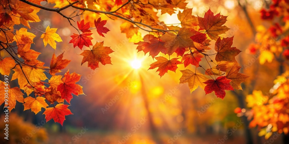 Vibrant autumn leaves glowing in the golden light of the setting sun, showcasing hues of red, orange, and yellow Vibrant autumn leaves glowing in the golden light of the setting sun, showcasing hues of red, orange, and yellow