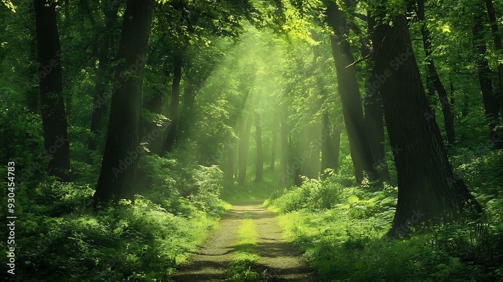 Sunbeams Illuminating a Path Through a Lush Green Forest