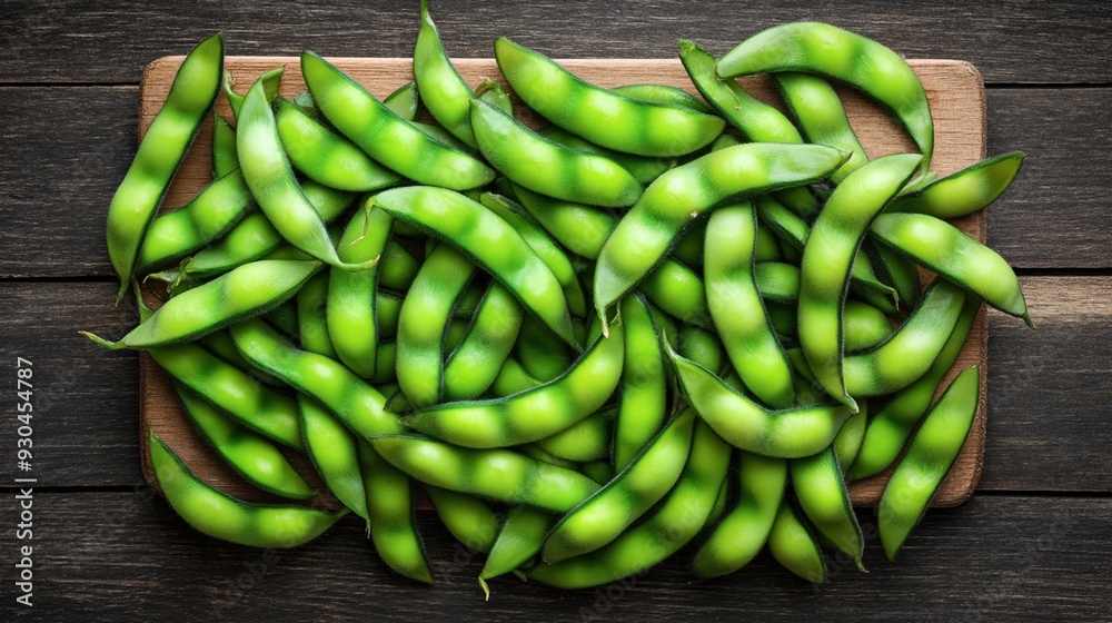 Close-up of fresh green edamame beans on a wooden cutting board. Close-up of fresh green edamame beans on a wooden cutting board.