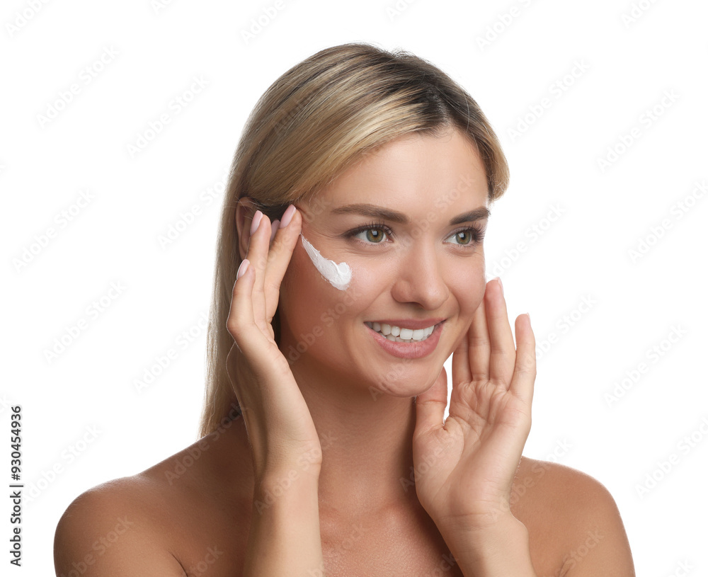 Beautiful woman with cream on her face against white background Beautiful woman with cream on her face against white background