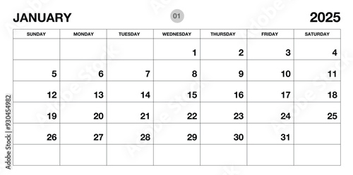 January 2025 year planner template, calendar 2025 template, monthly and yearly planners. organizer diary. week start Sunday, corporate planner template, Desk calendar 2025, Horizontal layout