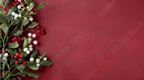 horizontal image of a Christmas mistletoe on anisolated dark red background with copy space for text. Copy space for text. For banner, design, social media, blog, cover, wallpaper, thumbnail, youtube, photo