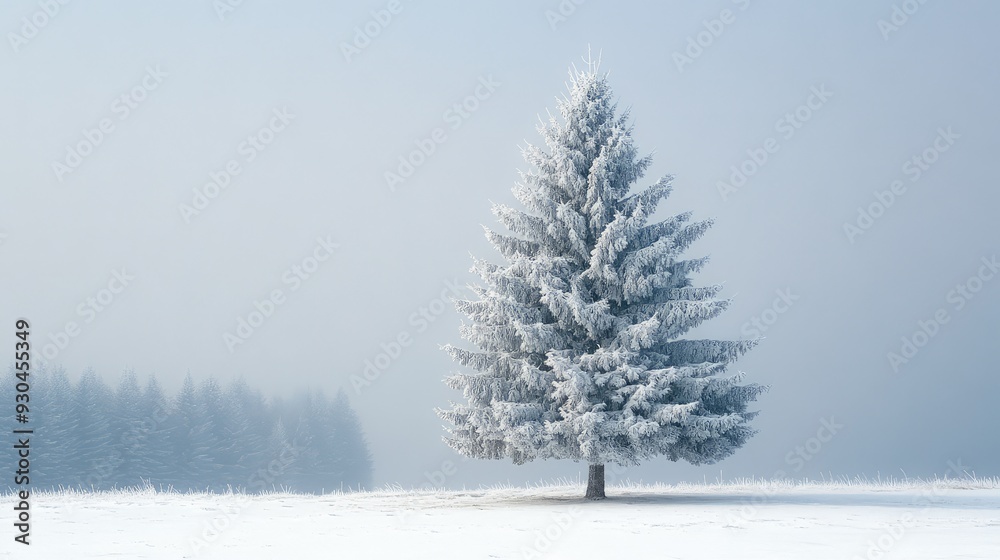 A frosted spruce tree, centered and covered in snow, with its evergreen needles peeking through the icy layer. A frosted spruce tree, centered and covered in snow, with its evergreen needles peeking through the icy layer.