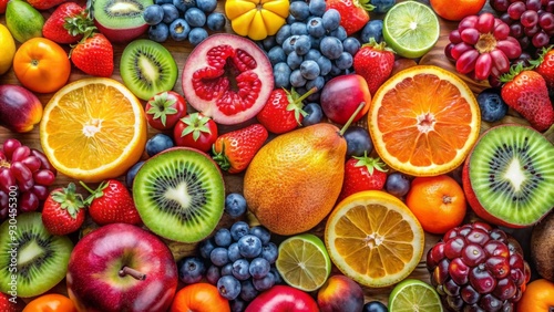 Close-up shot showcasing vibrant textures and colors of assorted fruits