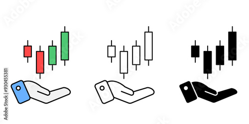 Hand holding candlestick icon set. Candlestick pattern chart symbol isolated background. Market investment trading silhouette icon, vector illustration.