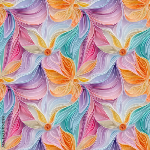 Seamless abstract paper art pattern with vibrant swirling shapes in pastel tones of pink, orange, and blue