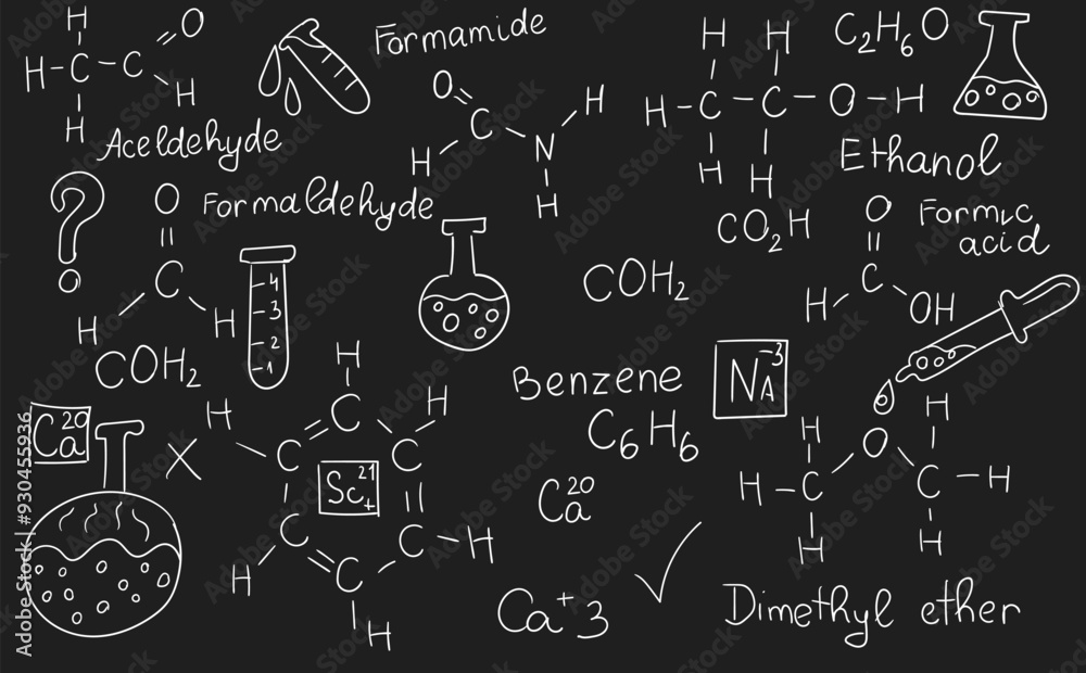 Chemistry formulas, science and education background. Chalkboard inscribed with scientific formulas and calculations in physics and mathematics. Retro vector illustration