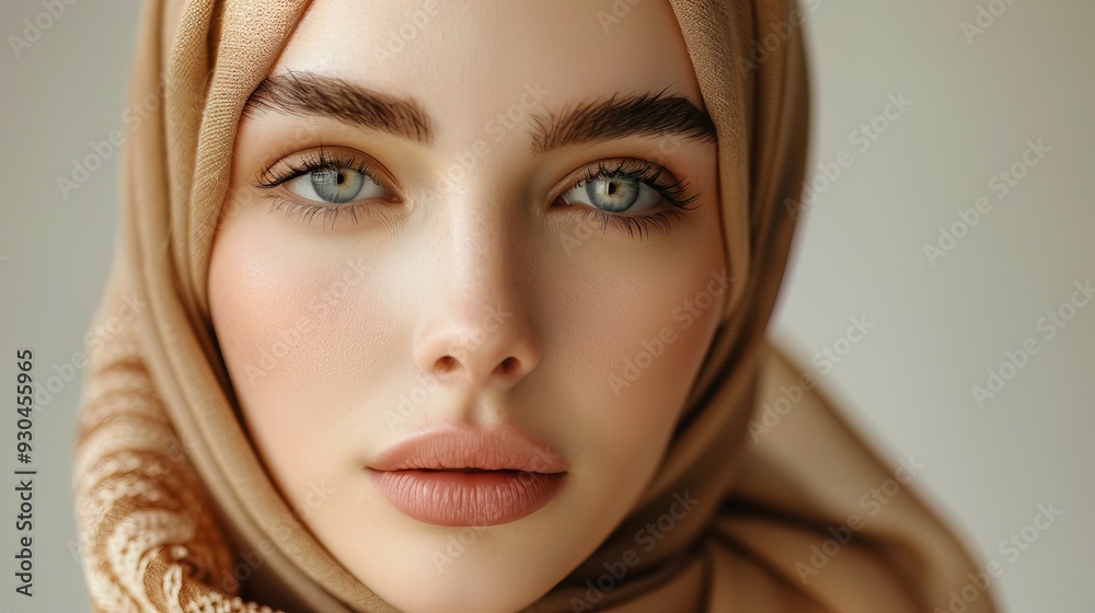 Closeup portrait of a beauty hijab woman fashion model with natural makeup and skincare. Beauty & skin products, Copy space Closeup portrait of a beauty hijab woman fashion model with natural makeup and skincare. Beauty & skin products, Copy space