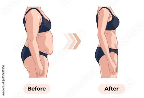 Vector illustration of changes before and after female body fitness