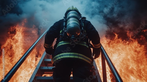 A firefighter climbs a flight of stairs engulfed in flames with thick smoke overhead, demonstrating immense bravery and determination in a critical rescue operation.