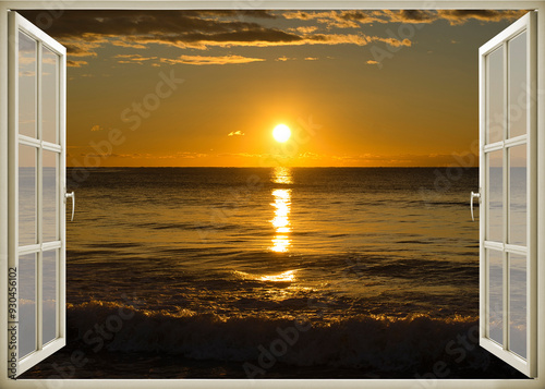 Obraz na płótnie Open window | Window view | Sunset at the sea | Beach sunrise | Landscape | Nature | Calm w salonie
