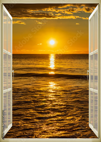 Obraz na płótnie Open window | Window view | Sunset at the sea | Beach sunrise | Landscape | Nature | Calm w salonie