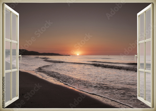 Obraz na płótnie Open window | Window view | Sunset at the sea | Beach sunrise | Landscape | Nature | Calm w salonie