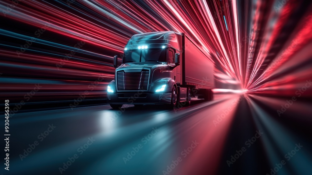 A truck hurtles down the road at night with vibrant light trails streaming behind, encapsulating speed, motion, and the high-energy essence of night travel.